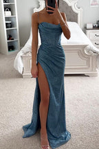 Women's Sparkle Maxi Gown – Sweetheart Neck High Slit Evening Dress