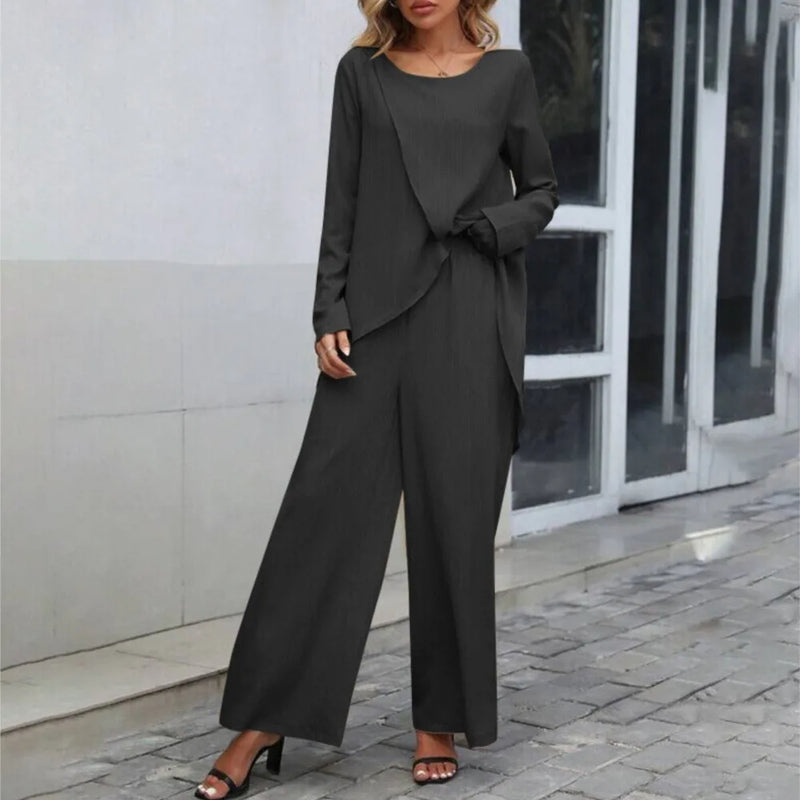 Women's Asymmetrical Pants Set – Draped Top Wide Leg Co-Ord Set