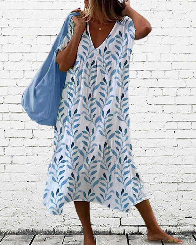 Women's Printed Midi Dress – Leaf Print Summer Dress – Serphine