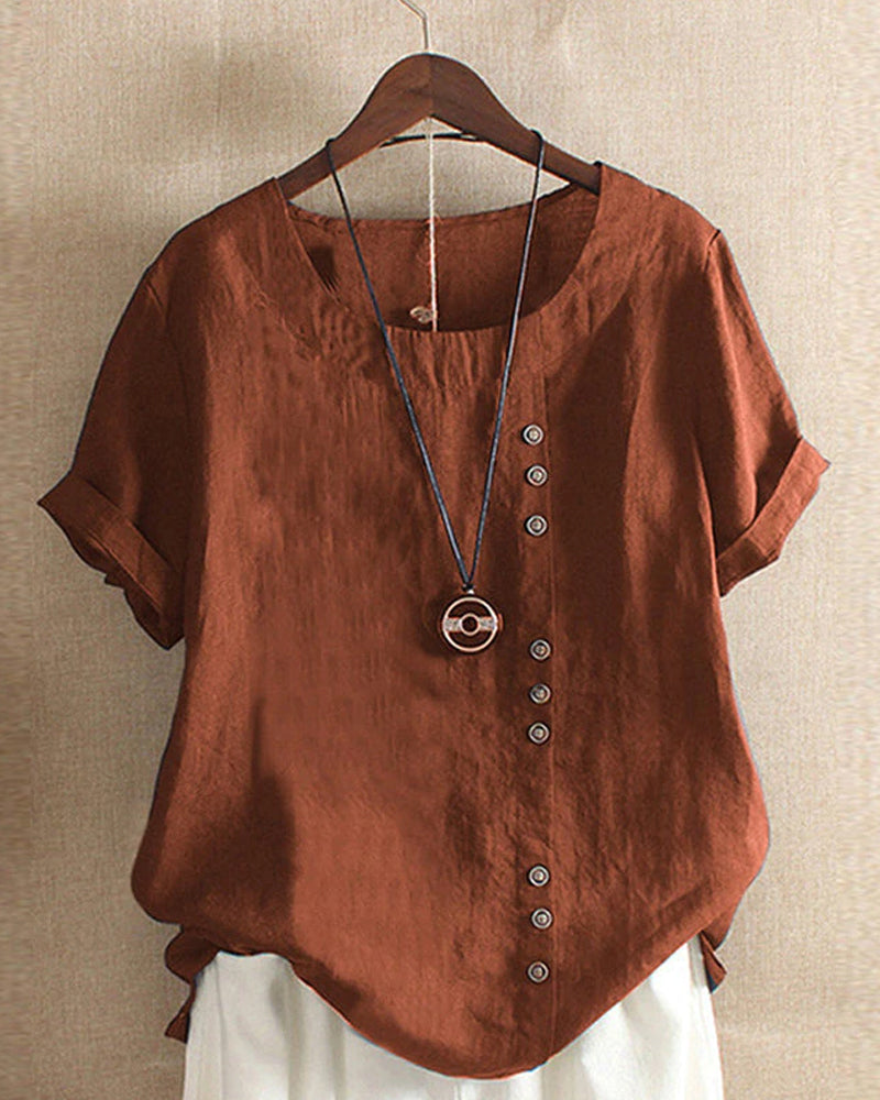 Women's Casual Blouse with Rolled Sleeves and Front Buttons
