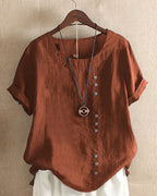 Women's Casual Blouse with Rolled Sleeves and Front Buttons