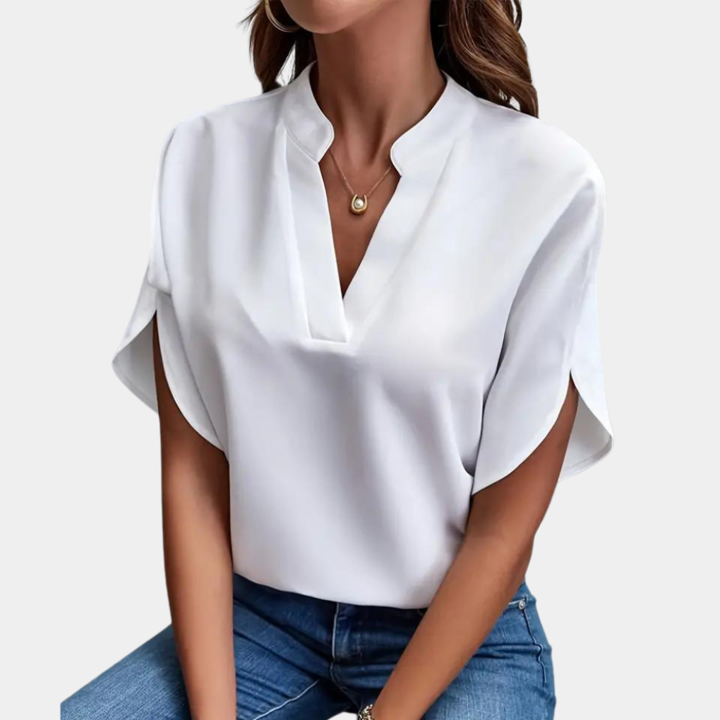 Women's Stand Collar Blouse – Short Sleeve V-Neck Summer Blouse