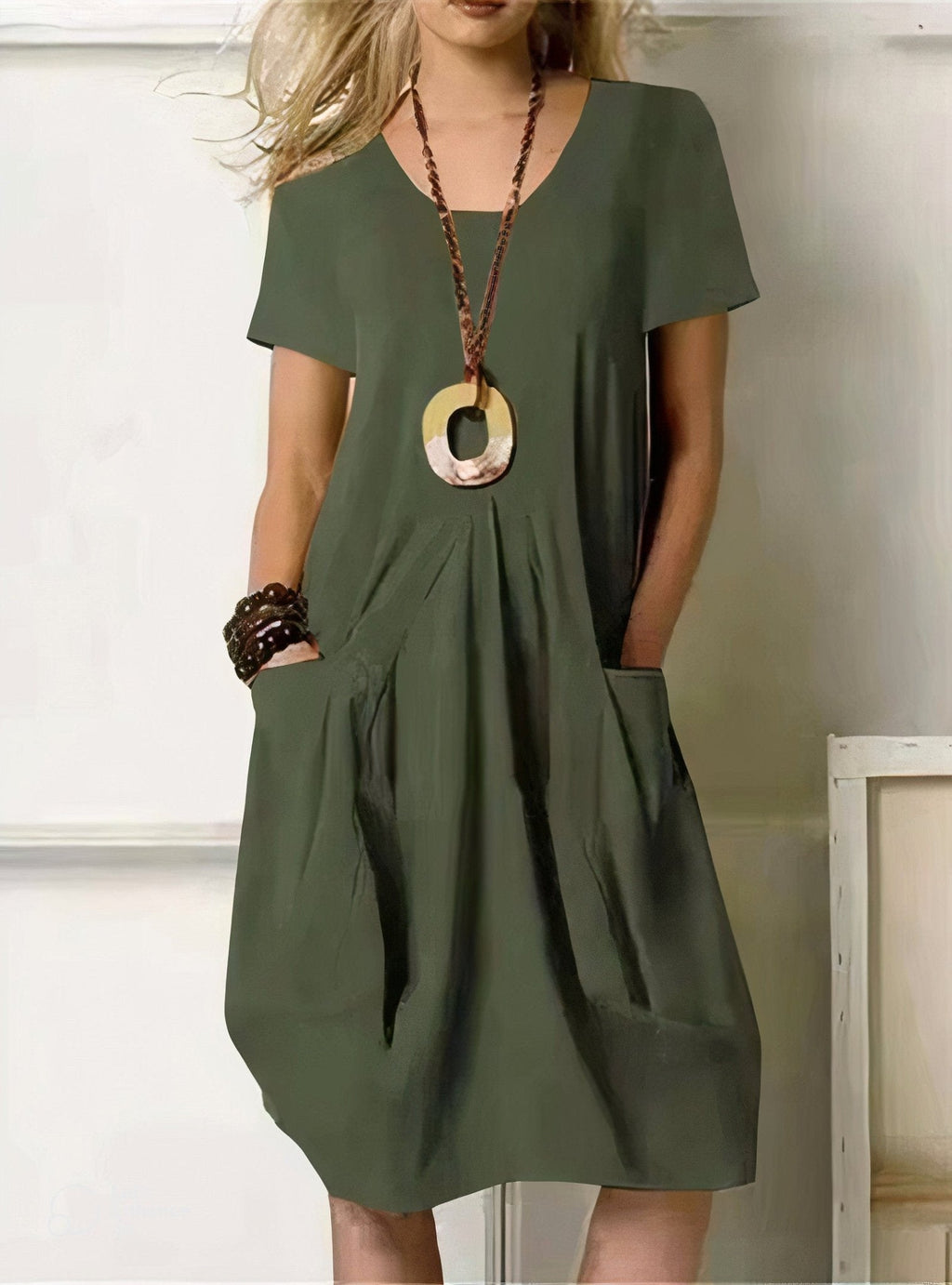Women's A-Line Midi Dress – Round Neck Pocket Day Dress