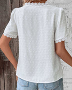 Women's Lace V-Neck Blouse – Short Sleeve Lace Detail Blouse
