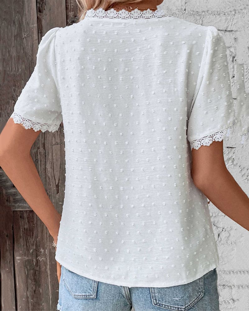 Women's Lace V-Neck Blouse – Short Sleeve Lace Detail Blouse