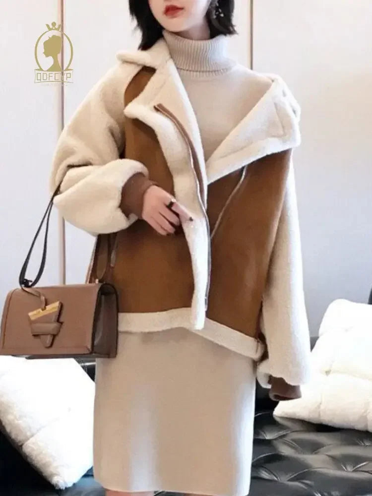 Women's Patchwork Fleece Jacket – Oversized Pocket Winter Jacket