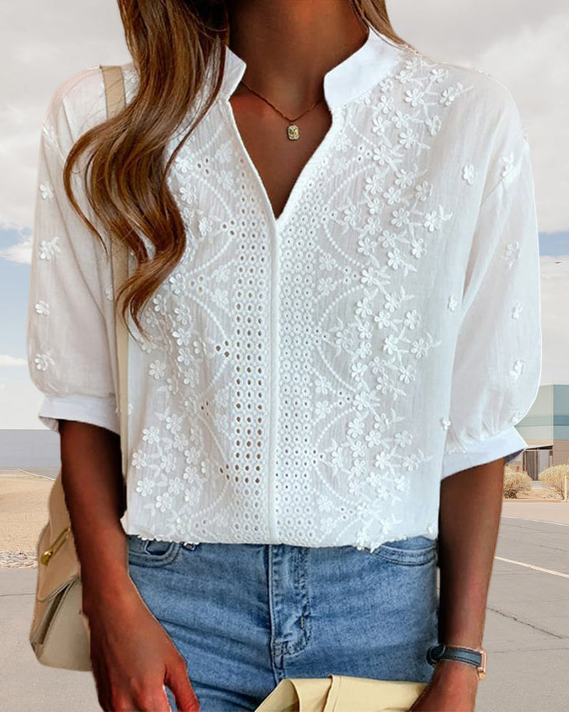 Women's Puff Sleeve V-Neck Blouse – Relaxed Long Sleeve Blouse