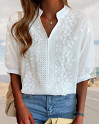 Women's Puff Sleeve V-Neck Blouse – Relaxed Long Sleeve Blouse