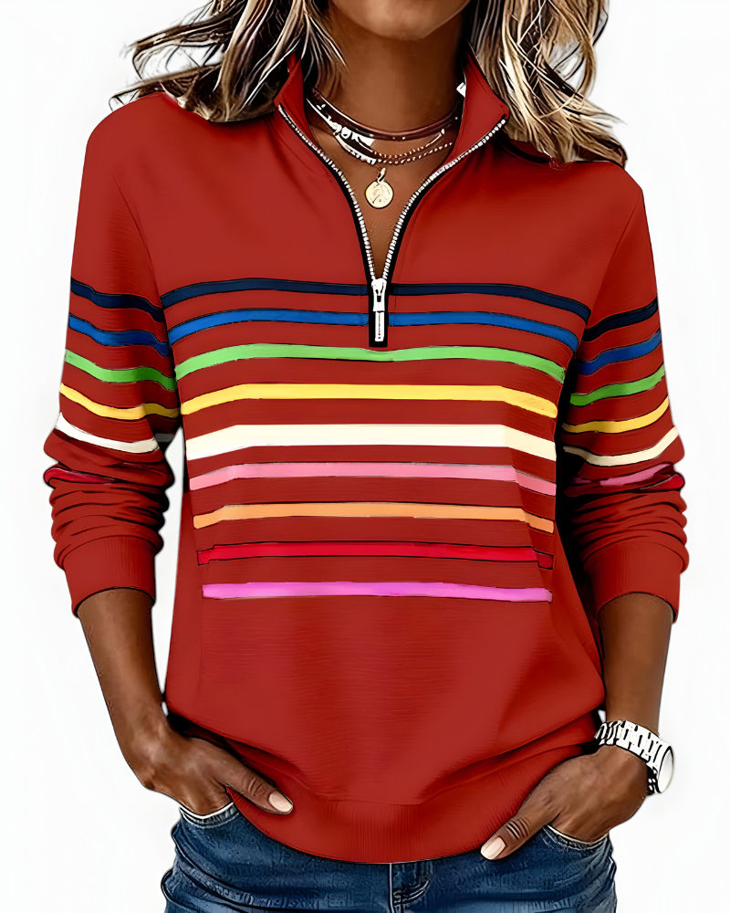 Women's Striped Zip Sweater – High Neck Zip Front Pullover