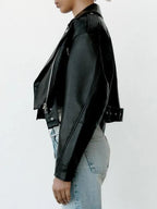 Women's Faux Leather Biker Jacket – Belted Cropped Moto Jacket