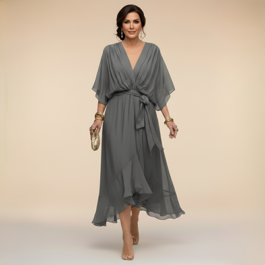 Women's V-Neck Chiffon Dress – Flowy Long Sleeve Occasion Dress