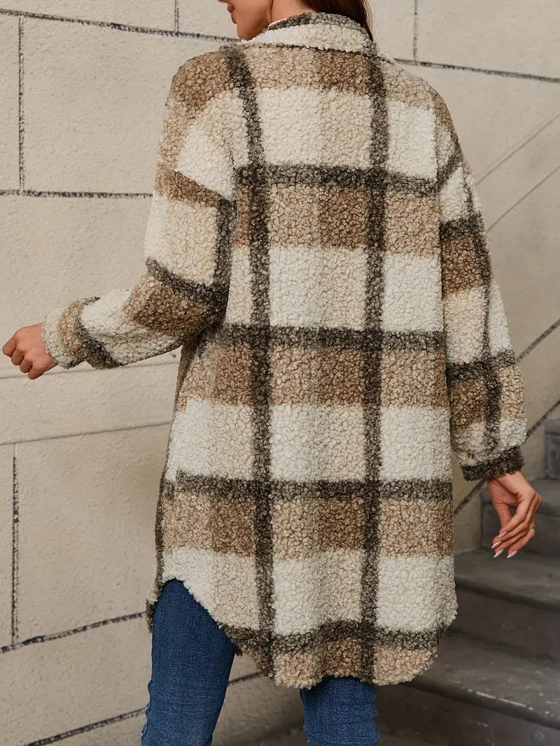 Women's Checked Teddy Coat – Oversized Fleece Winter Coat