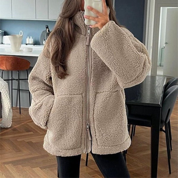 Women's Oversized Fleece Jacket – Zip-Up Long Sleeve Winter Jacket