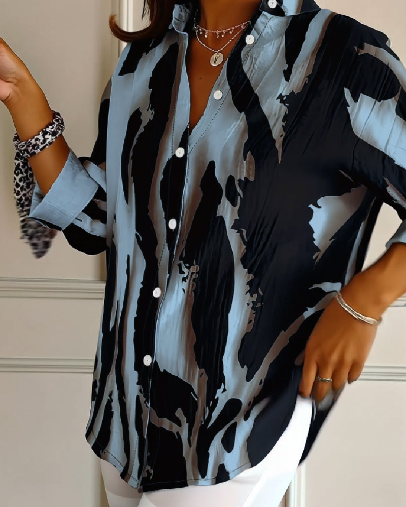 Women's Printed Stand Collar Blouse – Asymmetrical Long Sleeve Blouse
