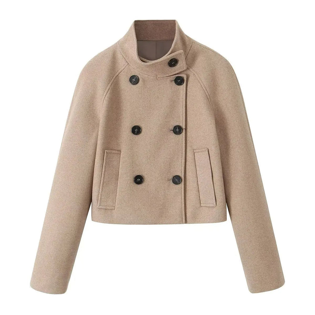 Women's Double-Breasted Winter Coat – Stand Collar Relaxed Coat