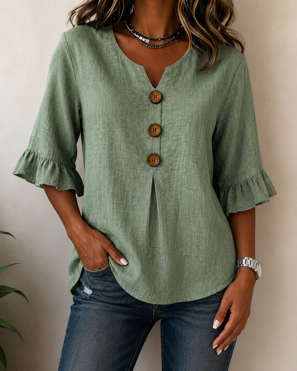 Women's Ruffle Button Blouse – Relaxed Flowy Long Sleeve Blouse