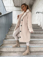 Women's Plush Longline Coat – Soft Textured Button Front Trench Coat