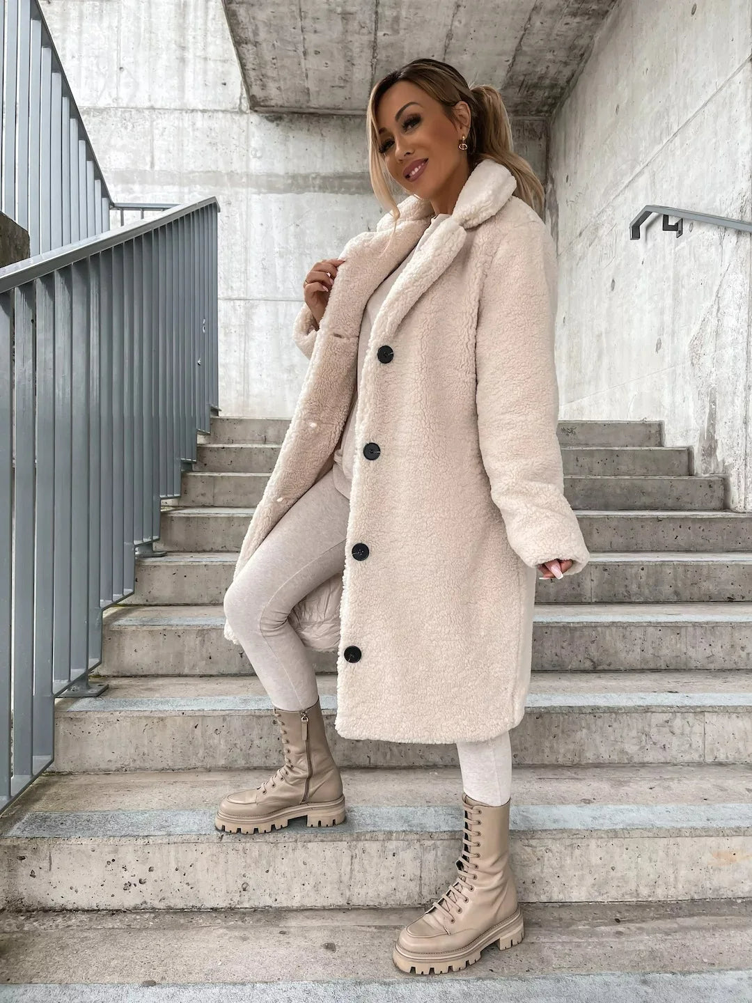 Women's Plush Longline Coat – Soft Textured Button Front Trench Coat