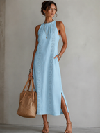 Women's Embroidered Shirt Dress – Relaxed Pocket Flowy Day Dress