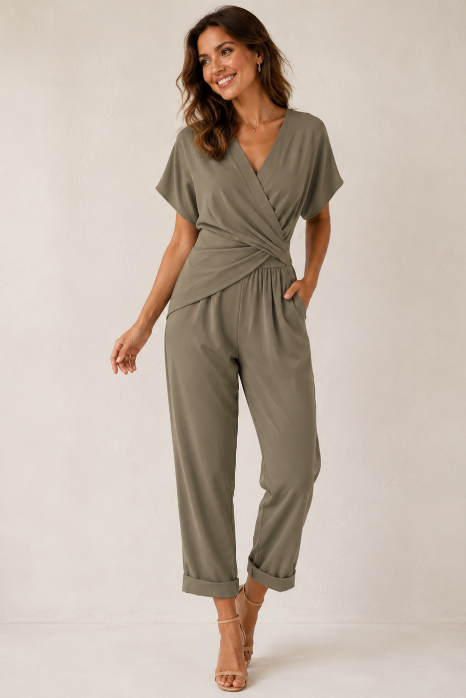 Women's V-Neck Wide Leg Jumpsuit – Wrap Waist Jumpsuit