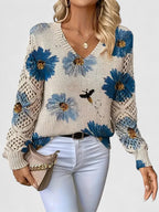 Women's Floral Button Cardigan – V-Neck Flower Pattern Knit Cardigan