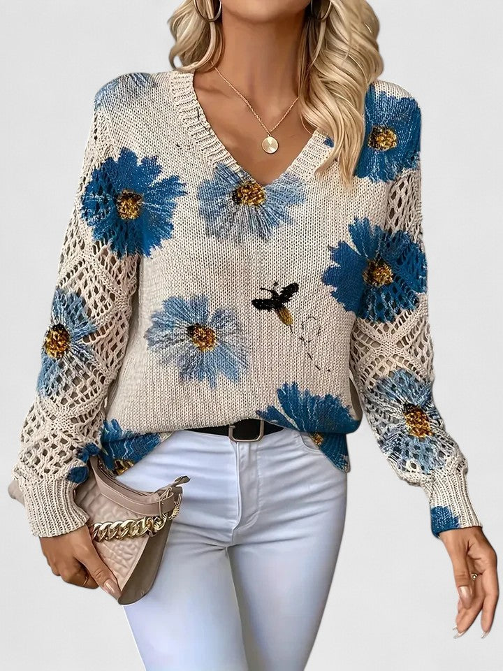 Women's Floral Button Cardigan – V-Neck Flower Pattern Knit Cardigan