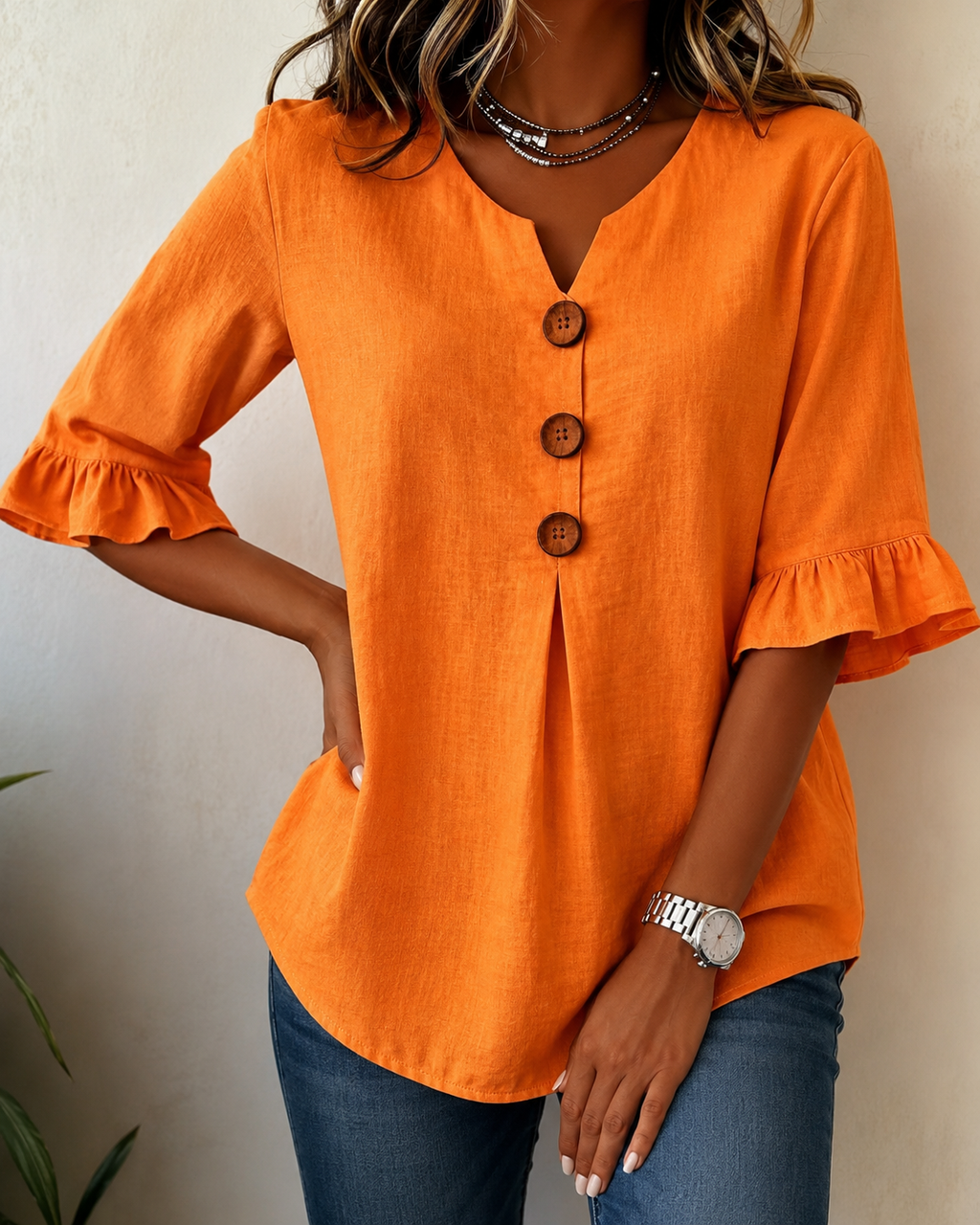 Women's Ruffle Button Blouse – Relaxed Flowy Long Sleeve Blouse