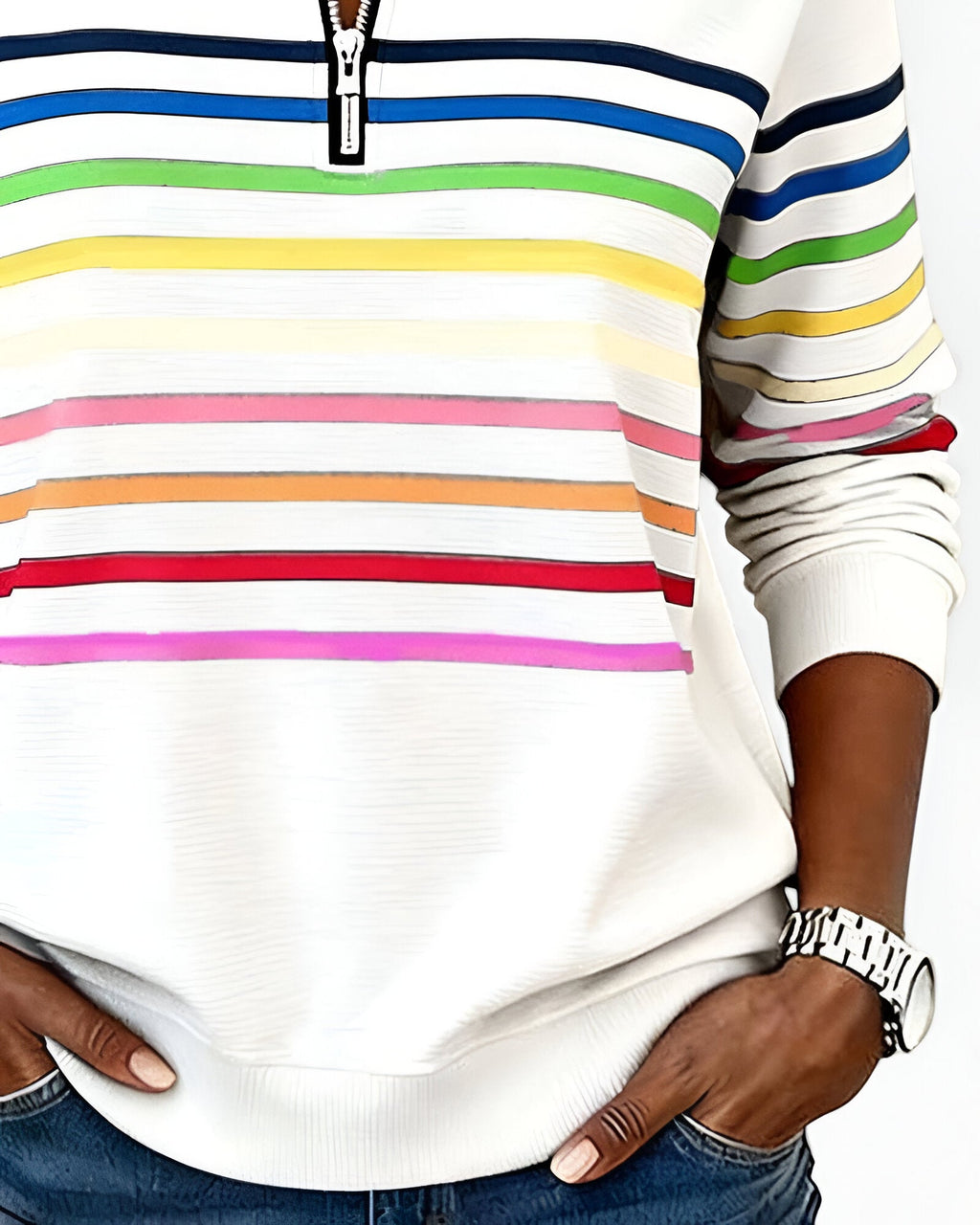 Women's Striped Zip Sweater – High Neck Zip Front Pullover