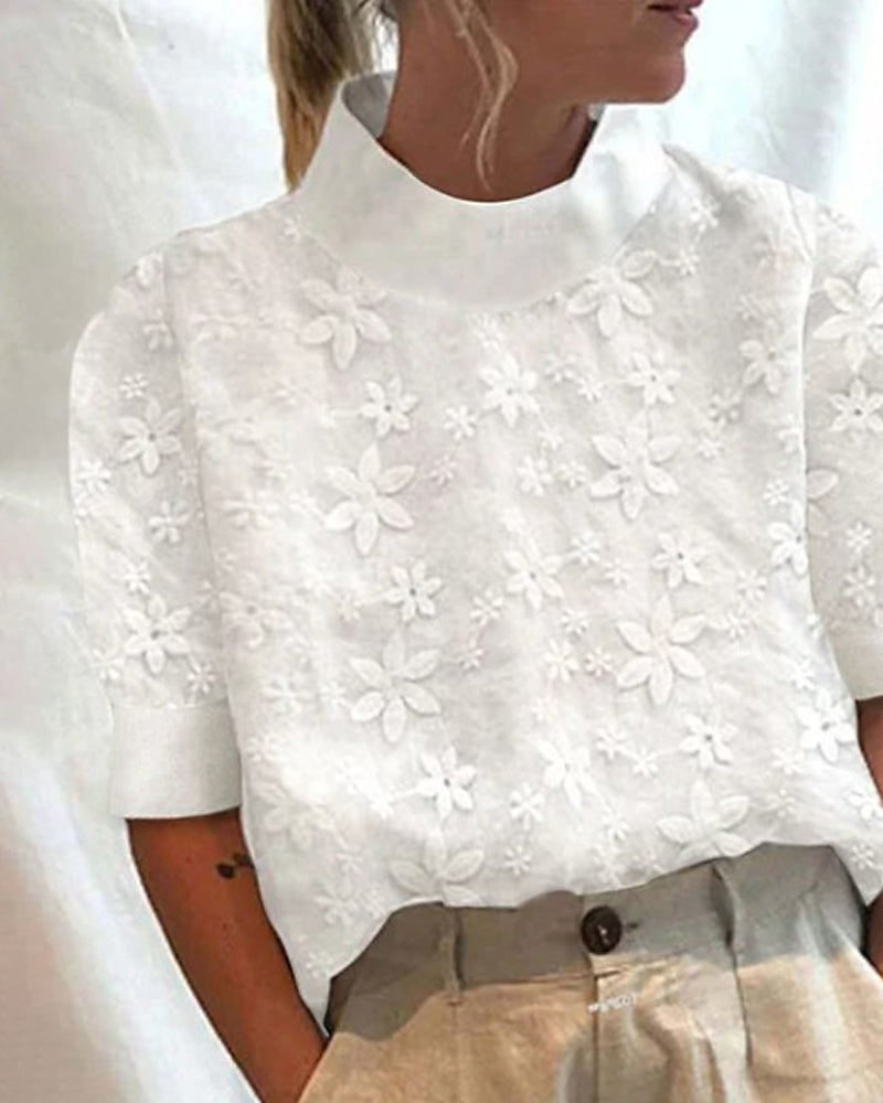 Women's Floral Blouse with Mock Neck and Button Cuffs