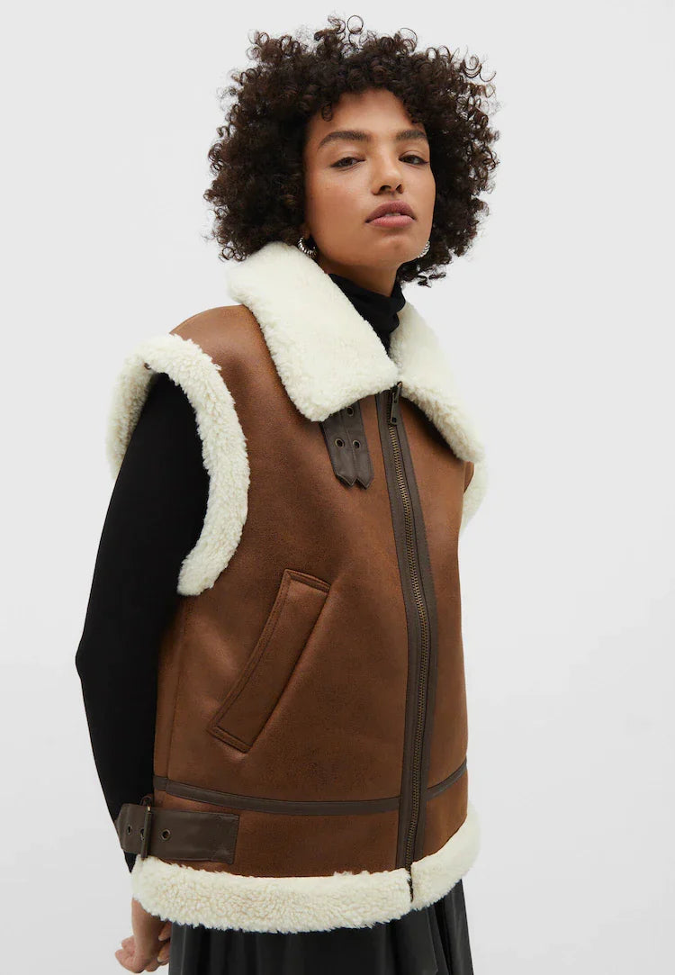 Women's Faux Leather Gilet – Fur Lined Sleeveless Winter Vest
