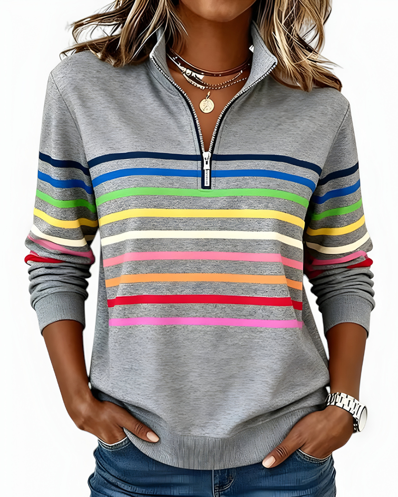 Women's Striped Zip Sweater – High Neck Zip Front Pullover