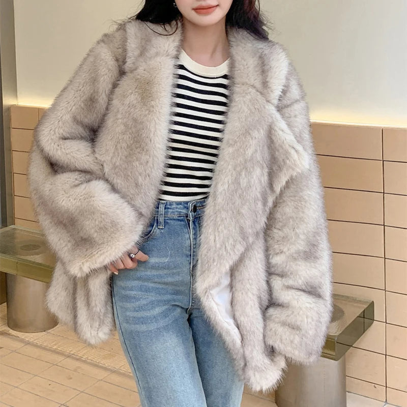 Women's Oversized Faux Fur Coat – Fluffy Winter Statement Jacket