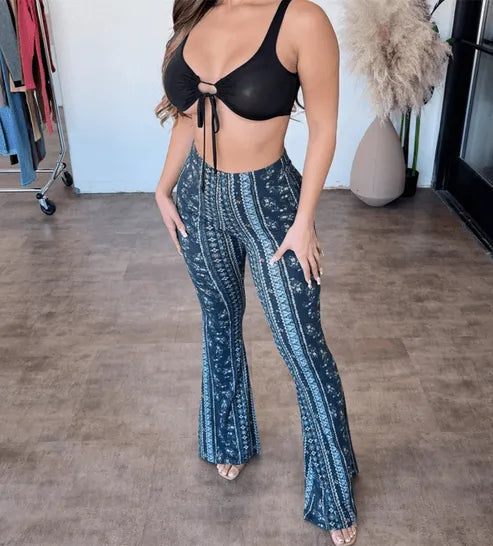 Women's Flared Print Pants – Elastic Waist Summer Casual Trousers