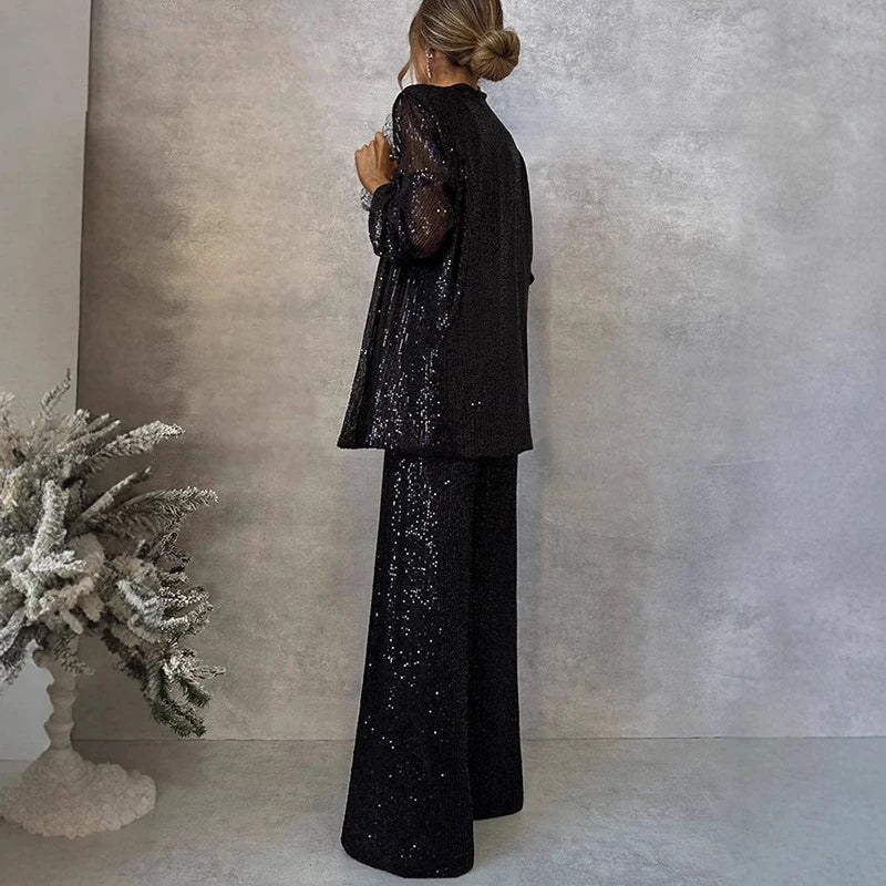 Women's Sequin Pants Set – Fitted Top High Waist Party Set