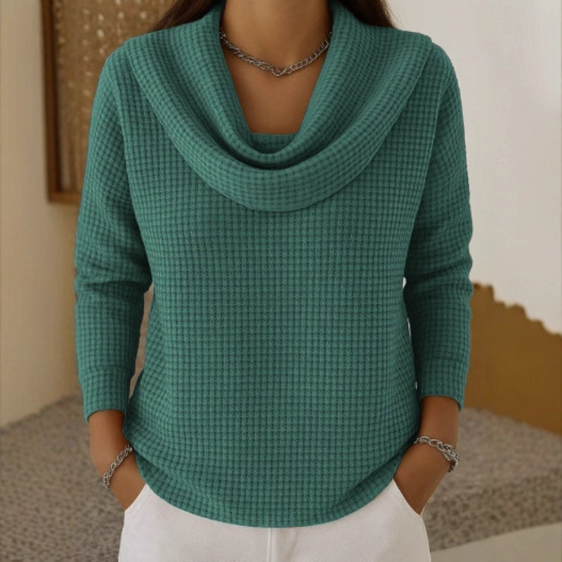 Women's Waffle Knit Sweater – Waterfall Neck Relaxed Pullover