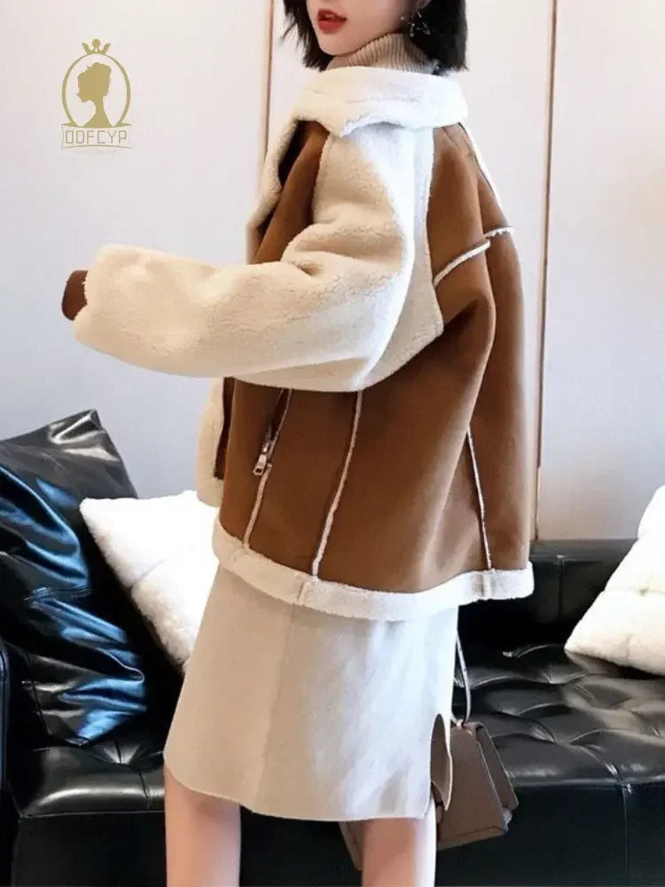Women's Patchwork Fleece Jacket – Oversized Pocket Winter Jacket
