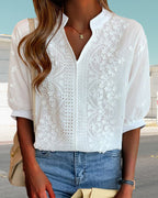 Women's Puff Sleeve V-Neck Blouse – Relaxed Long Sleeve Blouse