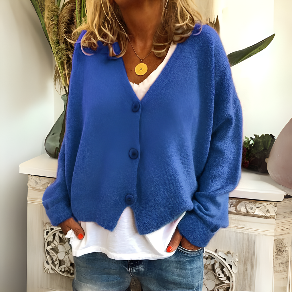 Women's V-Neck Button Cardigan – Relaxed Long Sleeve Knit Cardigan