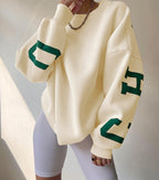 Women's Graphic Sleeve Sweater – Relaxed Crew Neck Pullover Sweater