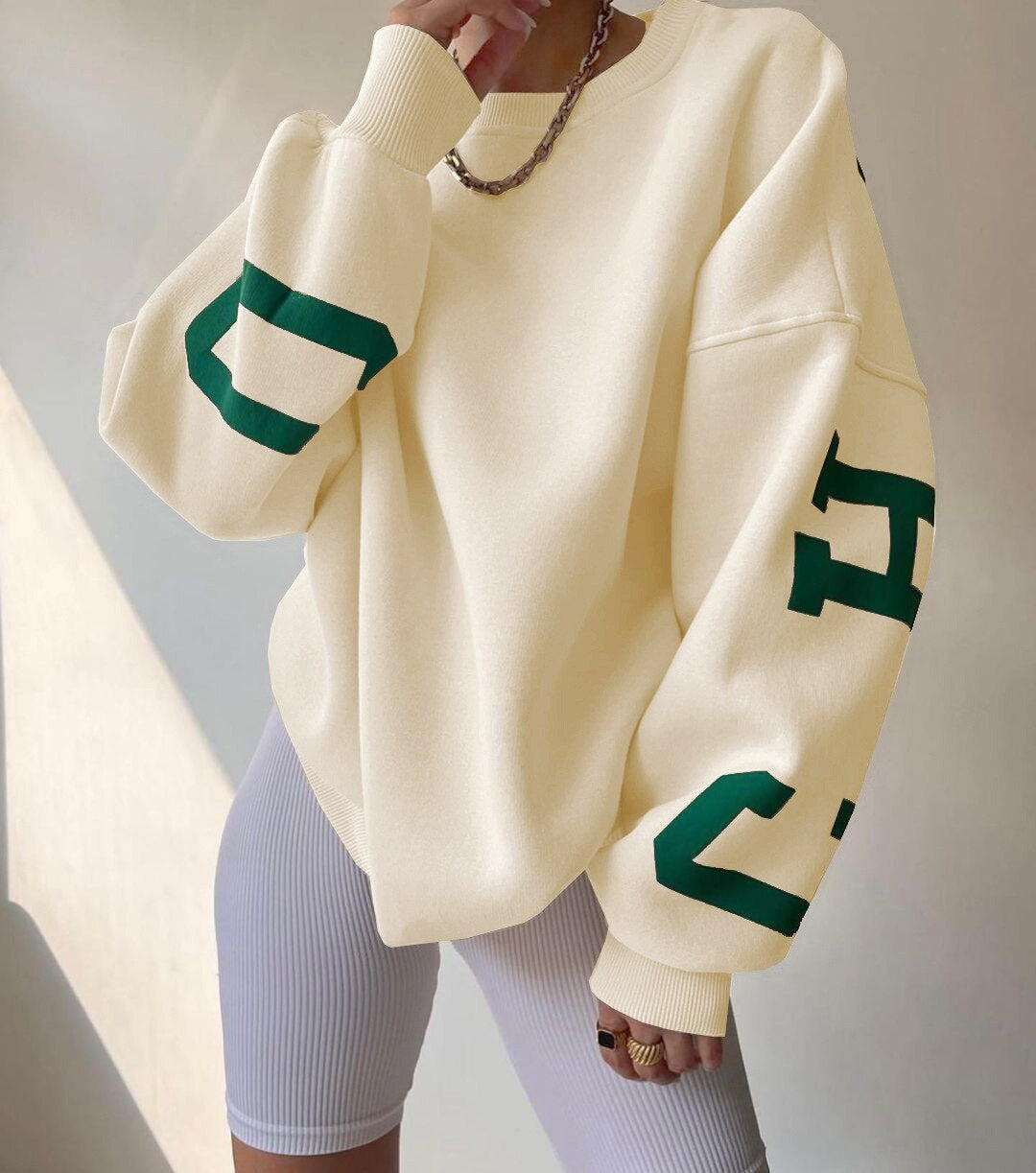 Women's Graphic Sleeve Sweater – Relaxed Crew Neck Pullover Sweater