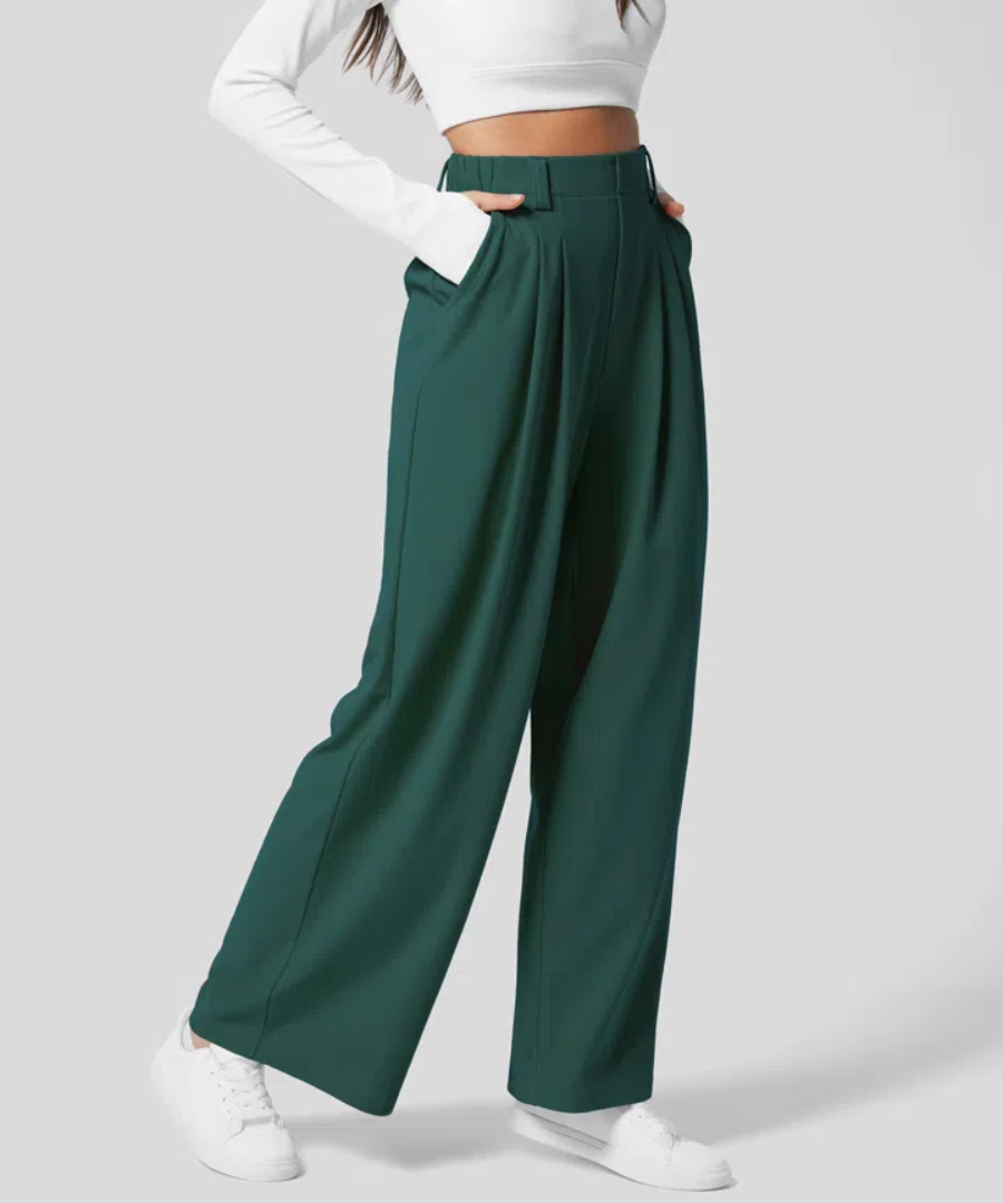 Women's Elastic Waist Wide Leg Pants – High Waist Four Pocket Trousers