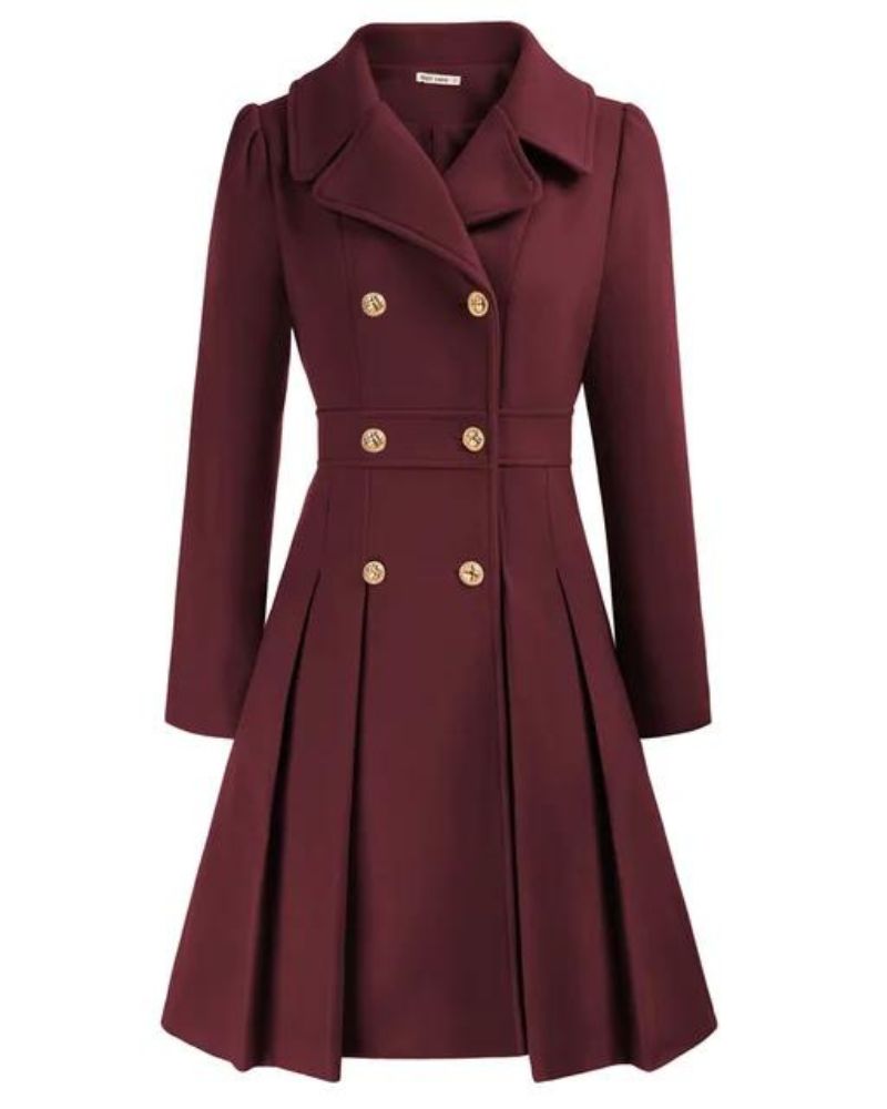 Women's Pleated Long Coat – Tailored Button Front Winter Coat