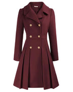 Women's Pleated Long Coat – Tailored Button Front Winter Coat