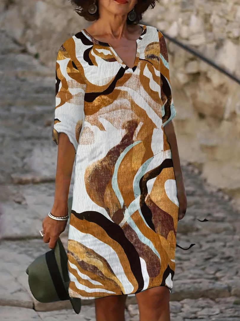 Women's Printed Summer Dress – V-Neck Three-Quarter Sleeve Dress