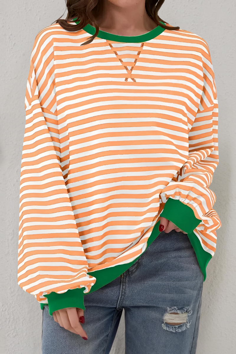 Women's Striped Sweatshirt – Crew Neck Long Sleeve Pullover