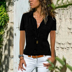 Women's Collared Utility Blouse – Short Sleeve Button Pocket Blouse