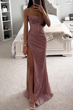 Women's Sparkle Maxi Gown – Sweetheart Neck High Slit Evening Dress