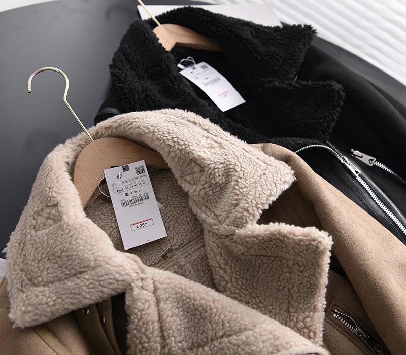 Women's Faux Shearling Jacket – Cropped Winter Aviator Jacket