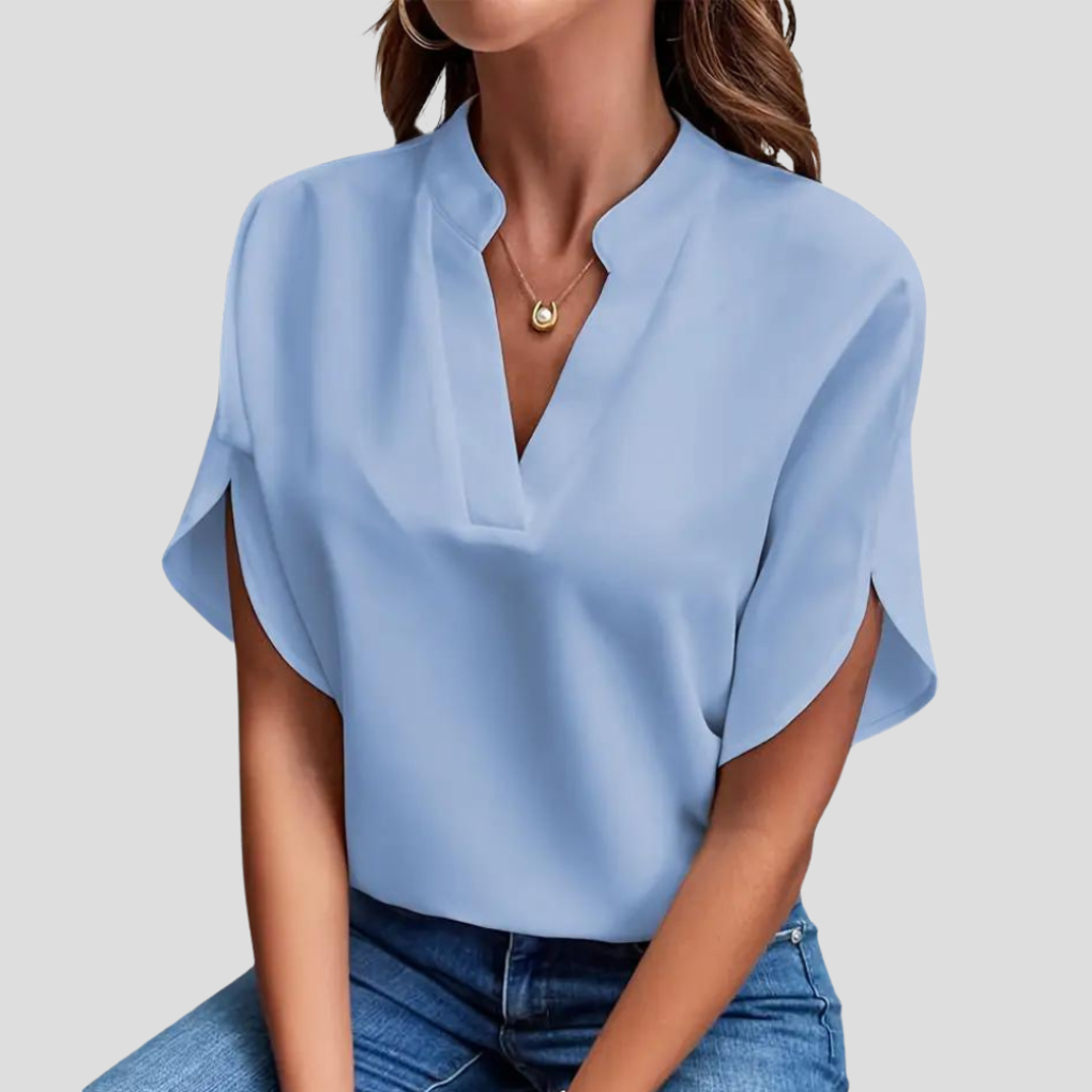 Women's Stand Collar Blouse – Short Sleeve V-Neck Summer Blouse