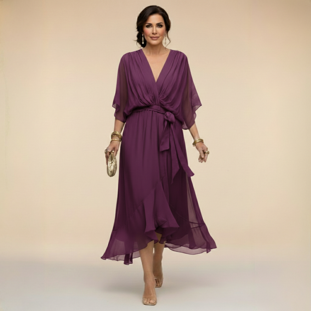 Women's V-Neck Chiffon Dress – Flowy Long Sleeve Occasion Dress